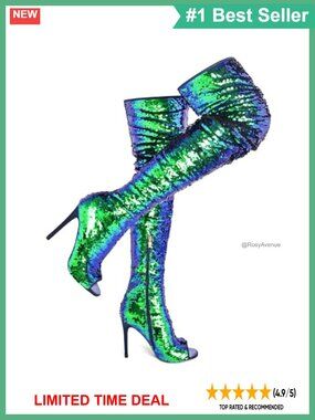CAMSSOO Women's Open Toe Sparkly Thigh High Boots Stiletto Heels Sequins